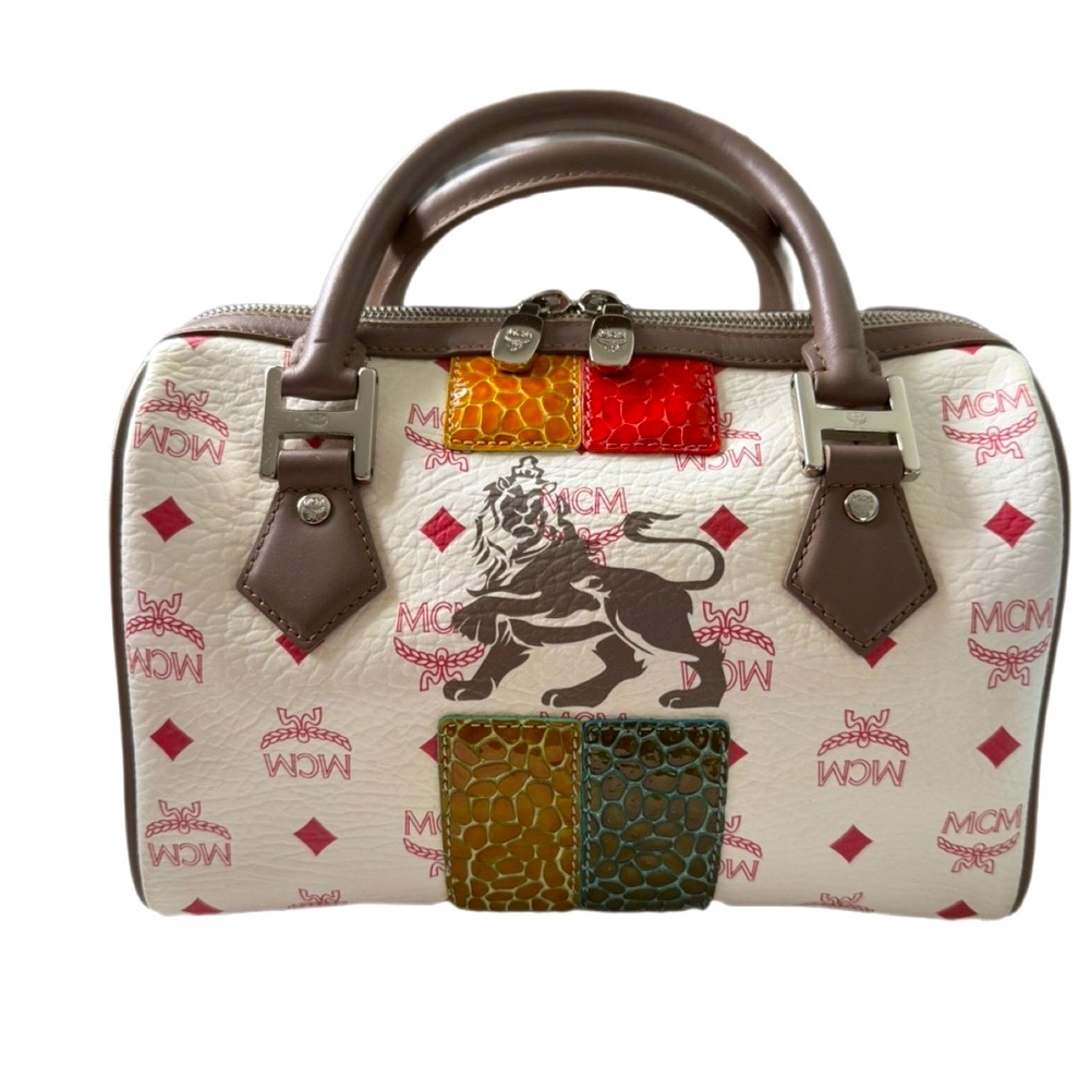 MCM Visetos Striped Munich Lion Boston Satchel White